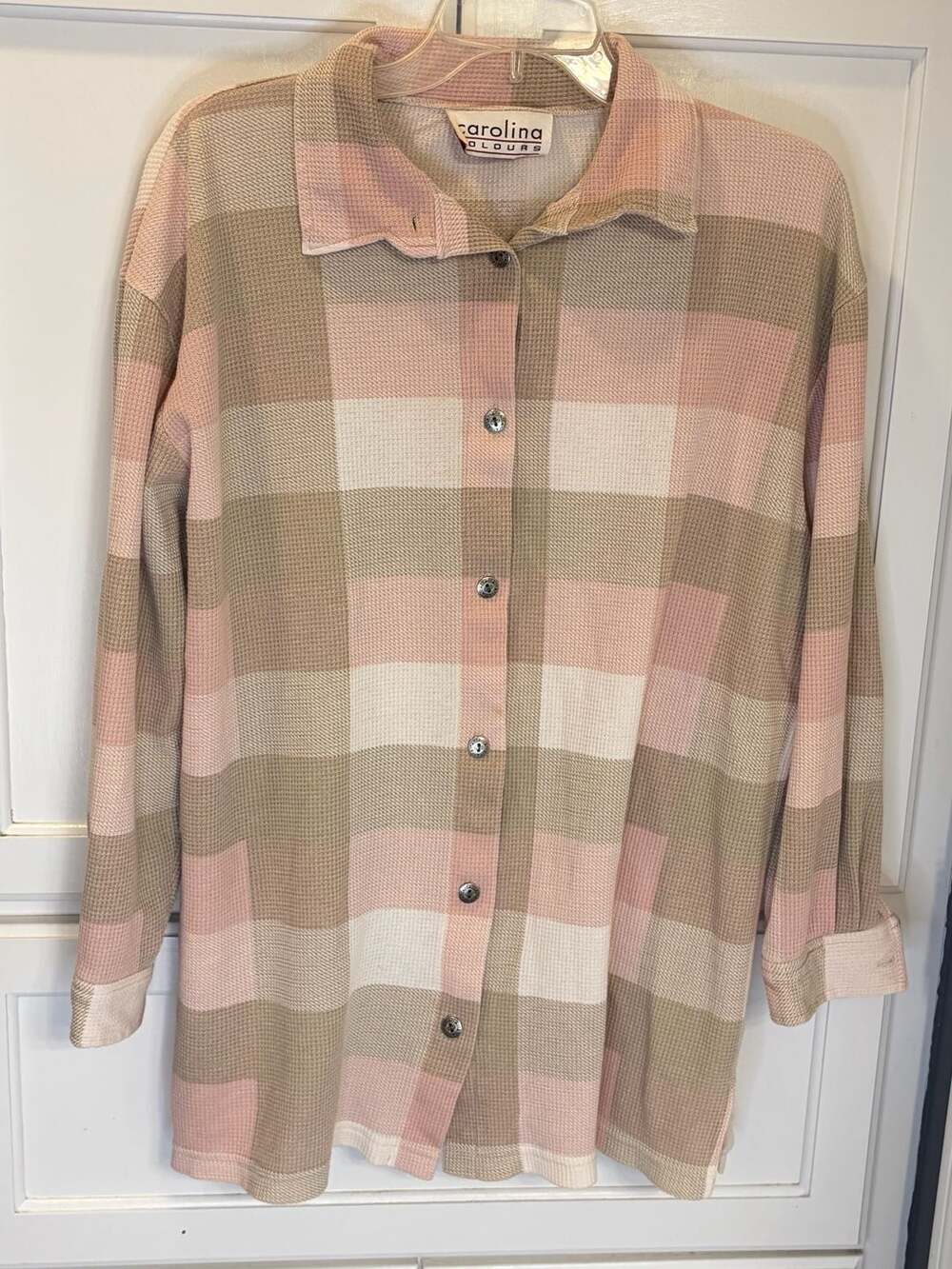 Vintage Carolina Colours Women’s M/L Pink Tan Plaid Waffle Knit Button Shirt USA
